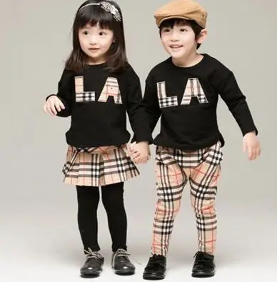 Spring autumn children clothing set boys girls fashion baby shirt plaid skirt Twins clothes sport suit kids outfits | Детская одежда и