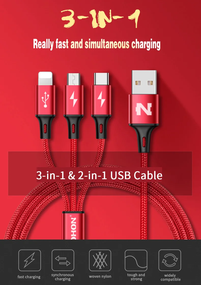 NOHON 3 в 1 USB кабель для iPhone 8X7 6 6S Plus 5 5S samsung Xiaomi lenovo 2 в 1 Micro type C кабели для быстрой зарядки