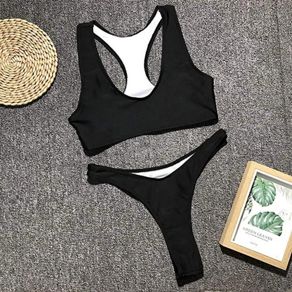 2019 женский сексуальный однотонный купальник-Бикини на бретельках с принтом