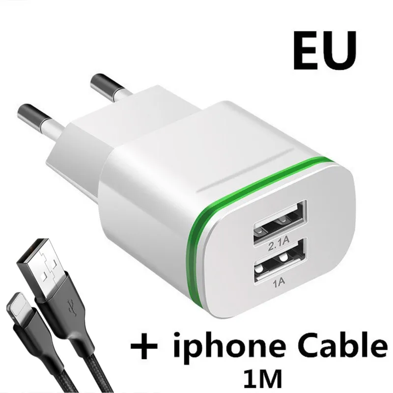XEDAIN Высокое качество телефон USB быстрое зарядное устройство ЕС/США штекер 2.1A настенное зарядное устройство с двумя портами 2 USB светодиодный светильник адаптер питания для быстрой зарядки - Тип штекера: White  ip Cable