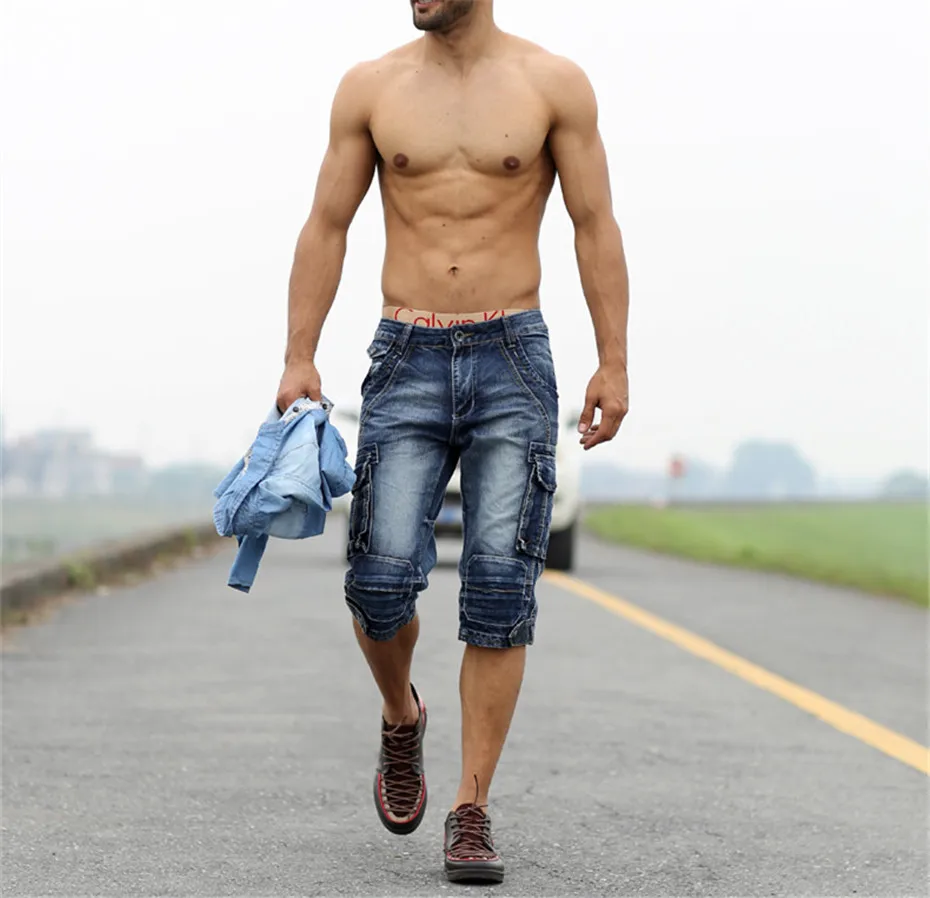 ABOORUN летние Для мужчин s брюки карго джинсовые шорты с множеством карманов в стиле
