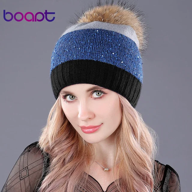 [boapt] блестки двухэтажные кролик вязанные толстые зимние головные уборы для женщин Шапки из меха енота помпоном кепка женская шляпа шапочки - Цвет: 2J803 Black Blue B