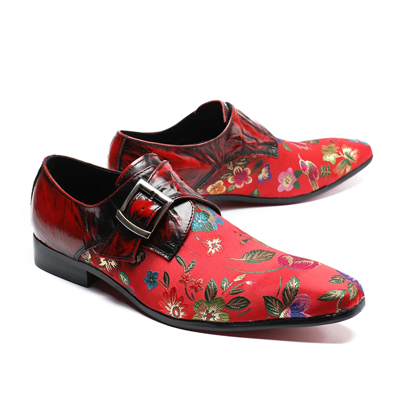 2018 Flower Print Red Black Buckle Design Men Leisure Shoes Pointed Toe Slip On Spring Autumn Casual Party Wedding Zapatos | Обувь