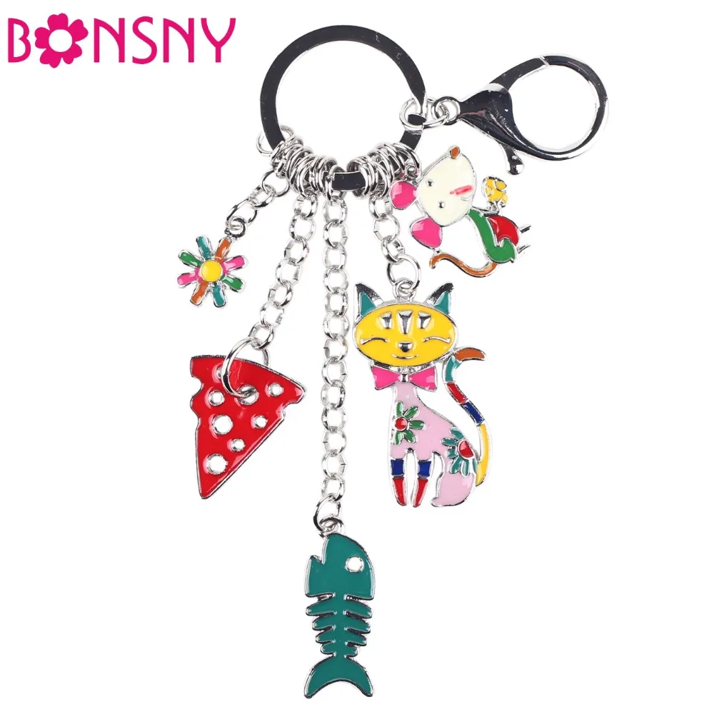 

Bonsny Enamel Alloy Mouse Cat Marvel Key Chain Keychains Ring Novelty Animal Jewelry For Women Girls Bag Car Charms Gift Pendant