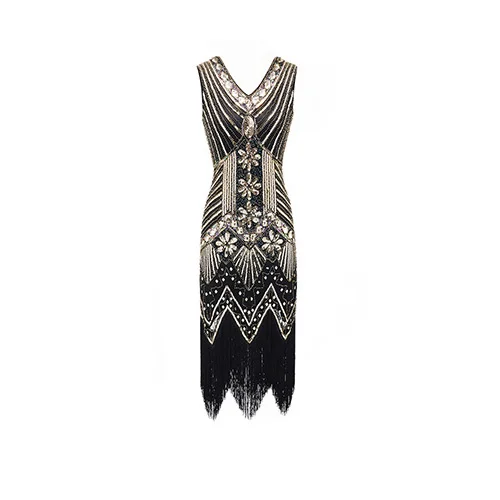 Gold Great Gatsby/вечерние женские платья 1920 s, сексуальное платье без рукавов с v-образным вырезом, синее платье с вышивкой, бахромой, пайетками, бисером и кисточками - Цвет: Gold