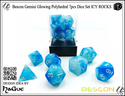 Bescon Близнецы светящиеся многогранные Dice 7 шт набор ледяной ROCKS, RPG Набор кубиков d4 d6 d8 d10 d12 d20 d%, коробка в форме лего-блока упаковки