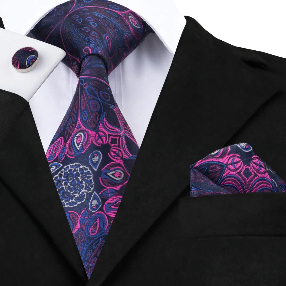 

2017 Fashion Blue Purple Floral Tie Hanky Cufflinks Silk Necktie Ties For Men Formal Business Wedding Party C-483