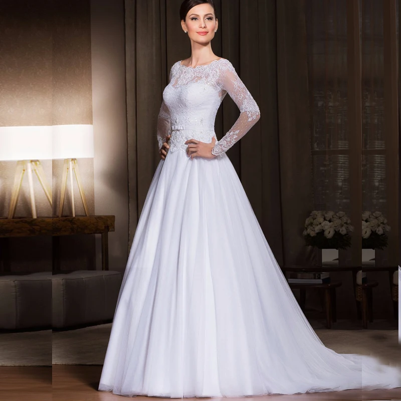 Vestido de noiva 2016 A line Bateau Appliques Long Sleeve Wedding Gown White Lace Dresses With Buttons | Свадьбы и торжества