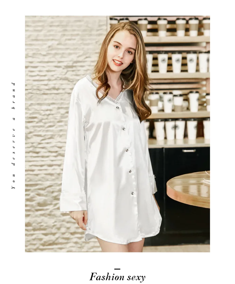 Дизайн Женская атласная ночная рубашка свежий белый Sleepshirt Лето Осень Мини Ночная рубашка сексуальные выдалбливают v-образным вырезом одежда для сна, одежда для дома