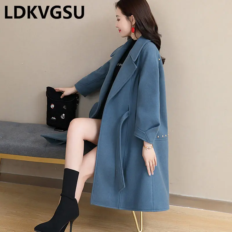 

2018 Autumn Winter New Women Long Woolen Coat Korean Loose Large Size Female Cloak Overcoat Thicken Wool Coat With Belt Is1265