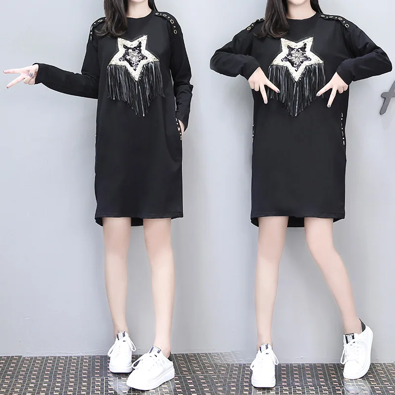5xl plus big size women clothing 2017 spring autumn winter korean new black star tassel cute casual thin dress female Y0673 | Женская