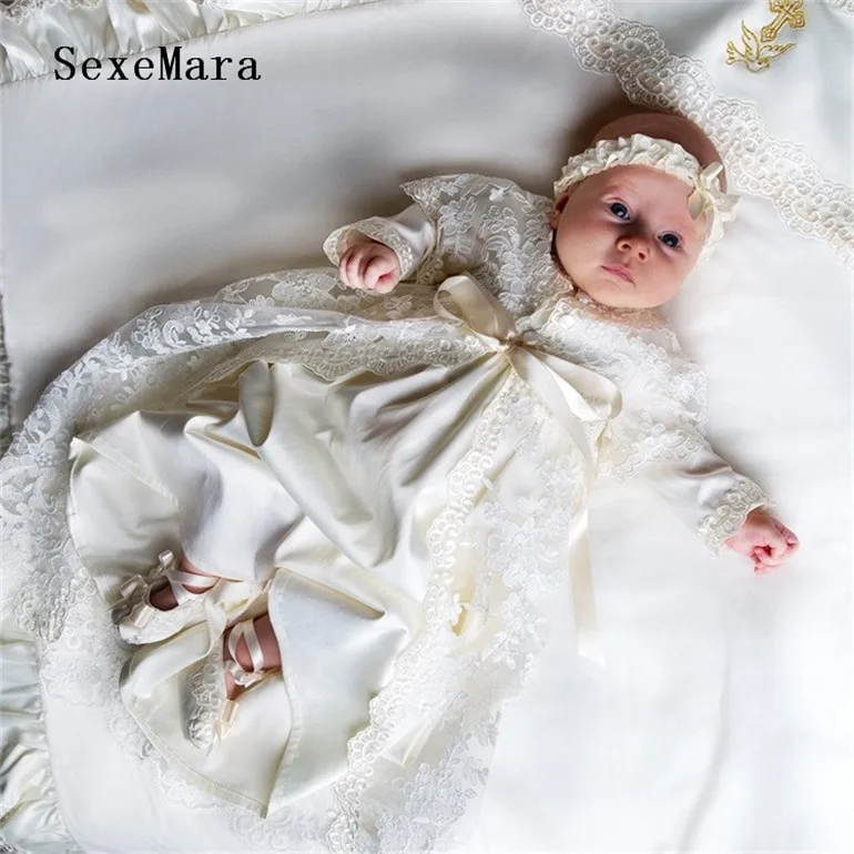 

Ivory White Baby Girls Christening Gown Long Sleeves Lace Baby Birthday Baptism Gowns with Headband Vestido Infantil Menina