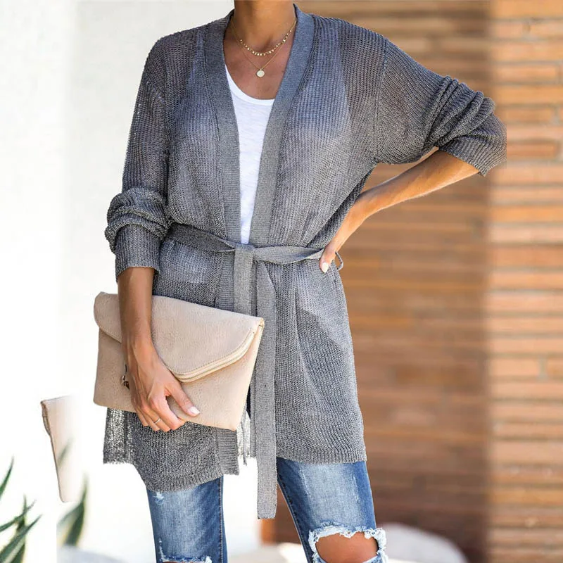Ellacey 2019 Autumn Winter Knitting Women Sweaters Cardigan Casual Loose Gray Knitted Coat Open Stitch Long |