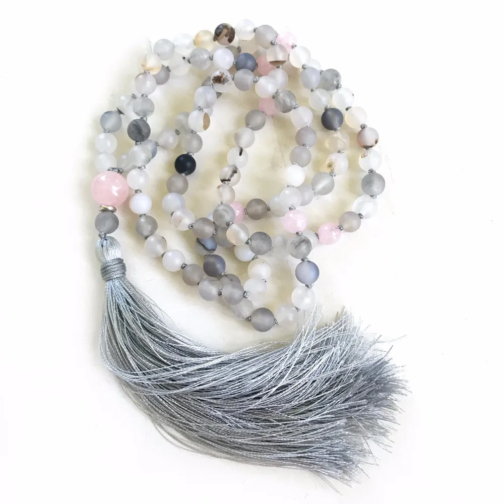 

108 Mala Bead Necklace Wind Shadow RoseQuartz Hand Knotted Necklace Meditation Mala Necklaces Prayer Yoga Tassel Necklaces