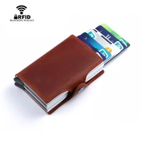 bycobecy rfid aluminum wallet purse unisex crazy horse leather 2 metal credit card holder vintage genuine leather card holder