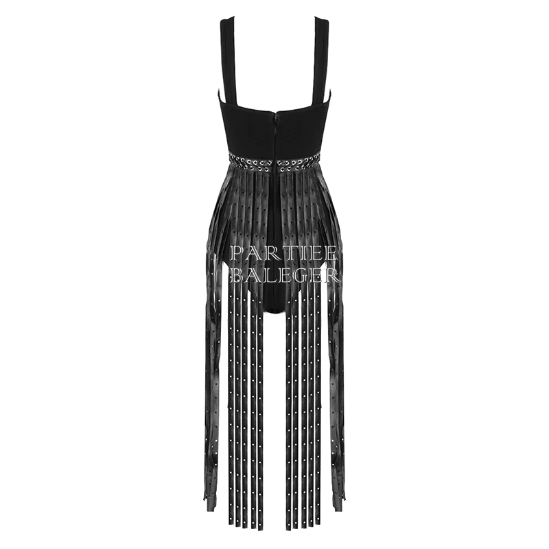 2018 New Arrival Chic PU Tassels Embellished Lace Up Design Sexy Sleeveless V Neck Celebrity Party Bandage Maxi Long Dress | Женская