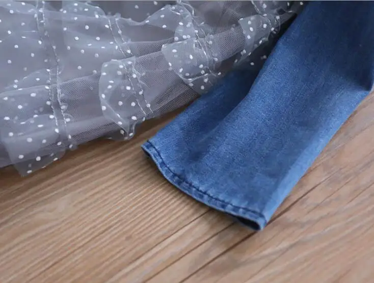 New 2019 Children Girls Jean Mesh Dot Cake Spring Dresses Princess Fashion Cowboy Long Sleeve Dress 5 pcs/lot Free Shipping | Детская
