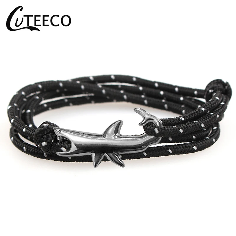 

CUTEECO New Adjustable Sliver Shark Fashion paracord Anchor Bracelet Men and woman stainless steel Charm Survival Chain Sport