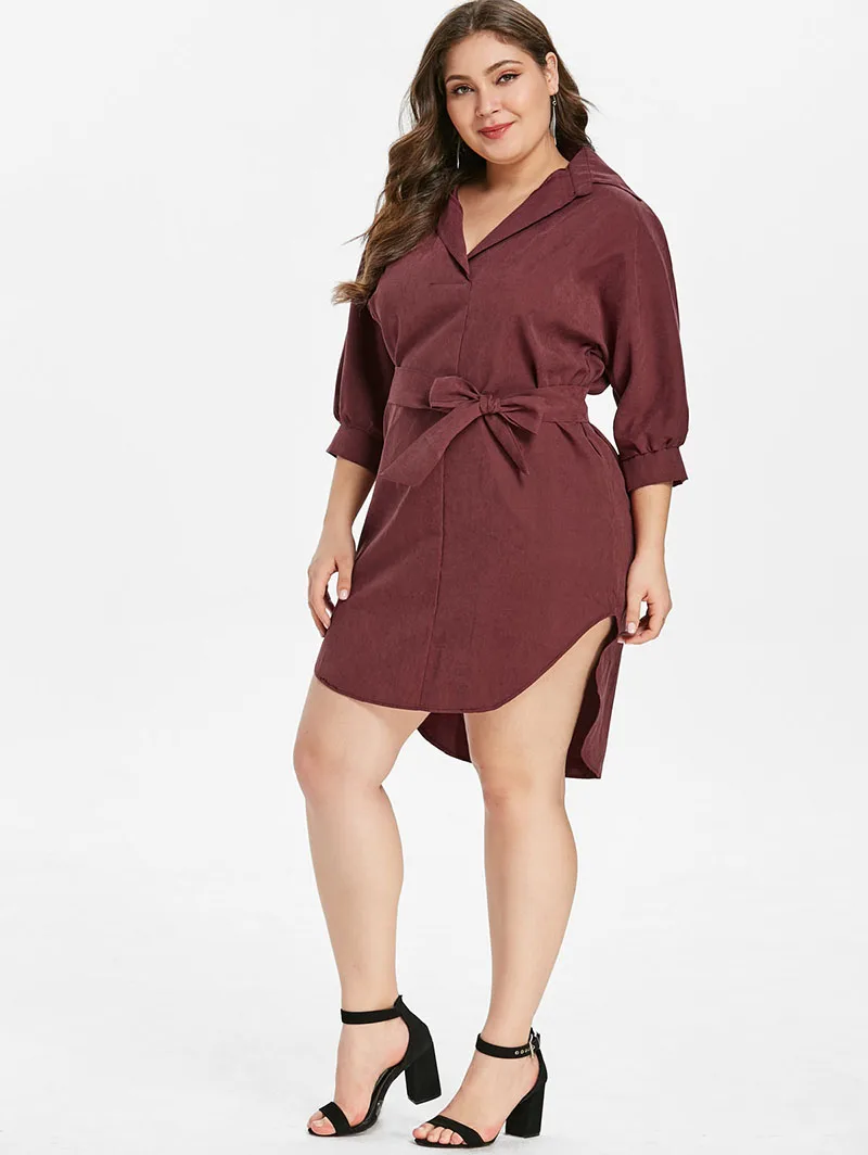 PlusMiss плюс Размеры 4XL-XL Высокий Низкий мини Шорты рубашка платье с поясом осень