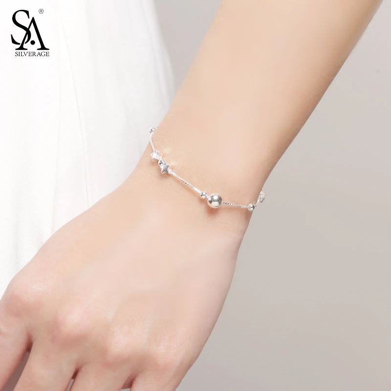 SA SILVERAGE 925 Silver Star Ball Chain Link Bracelets Pulseira Feminina Sterling Charms Bangles for Women | Украшения и