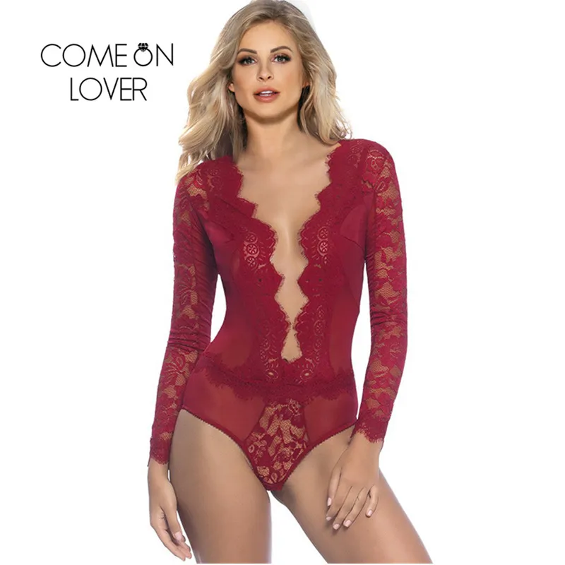Comeonlover боди Femme Manche Longue ресницы кружева Открытая грудь глубокий комбинезон с треугольным вырезом боди Топ длинный рукав кружева боди RI80588