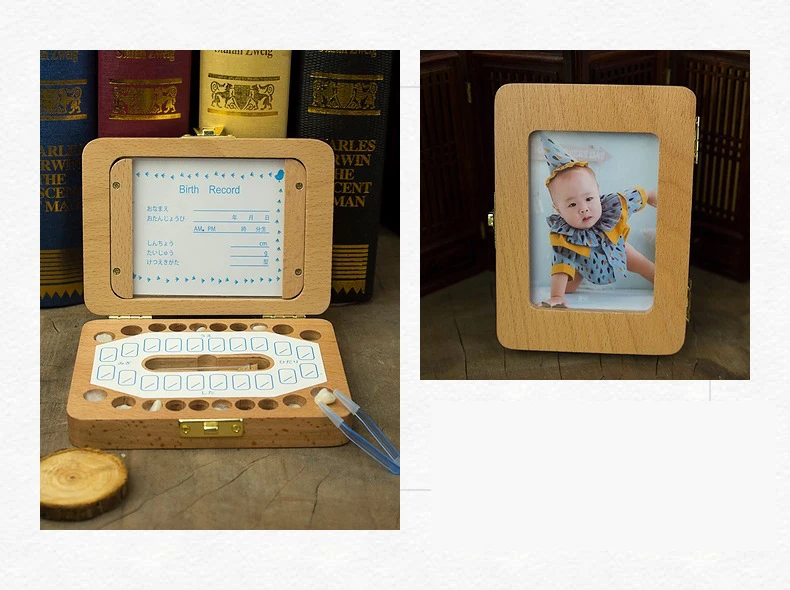 Photo Frame Baby Tooth Box Organizer Wood Kids Teeth Storage Box Save Lanugo Collect First Tooth for Boy Girl Announcement Gift