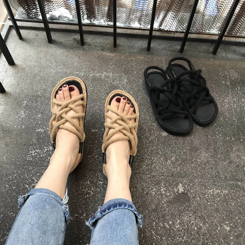 HTUUA/сандалии на плоской подошве с перекрестной шнуровкой и пеньковой веревкой