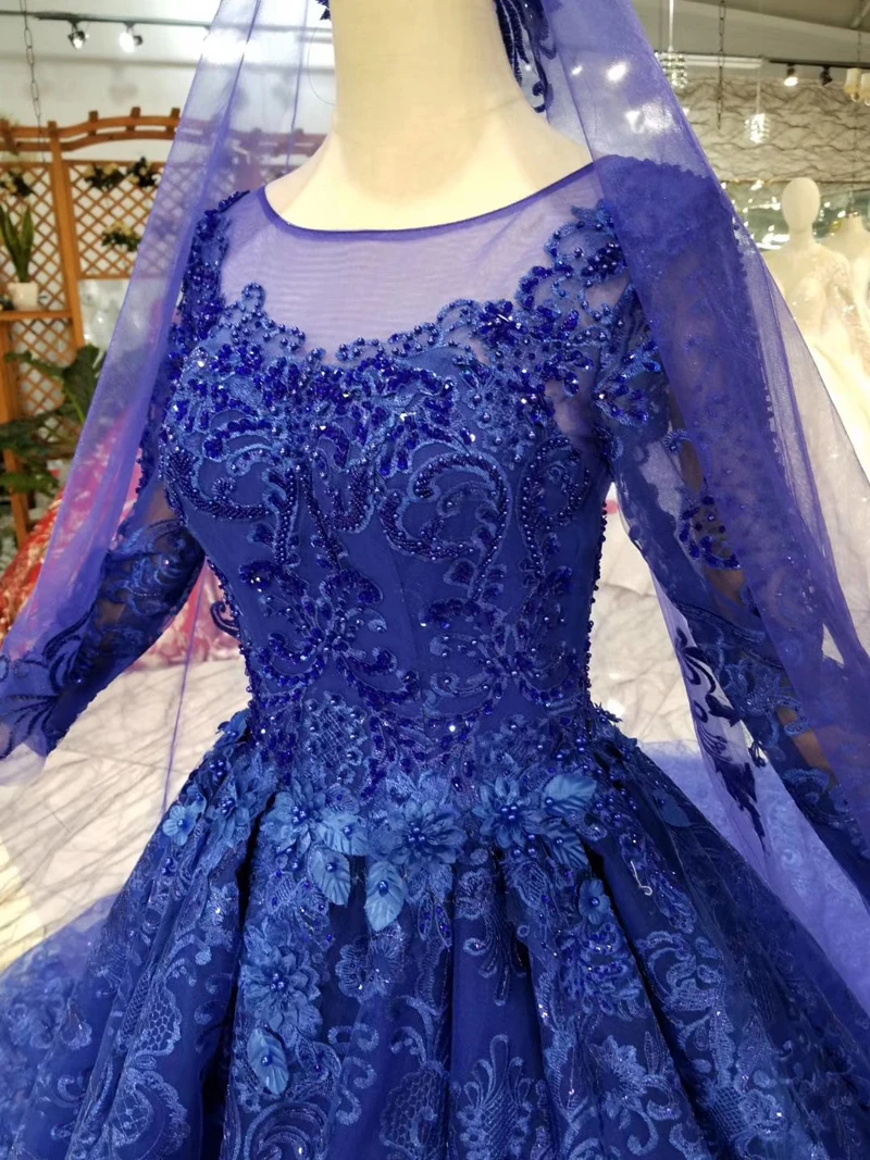 

HTL035 blue mother of the bride dresses with train o neck long sleeves muslim ladies party dresses long 2020 new fashion design
