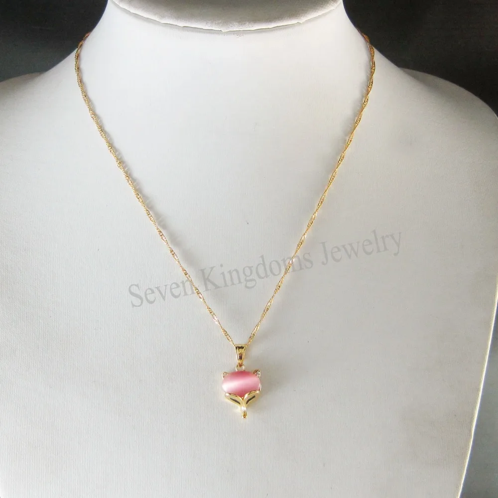 Min Order 10$ Can mix design/- YELLOW GOLD GP 18.5&quot NECKLACE &amp FOX FACE PINK/WHITE CAT EYE CZ STONE PENDANT | Украшения и