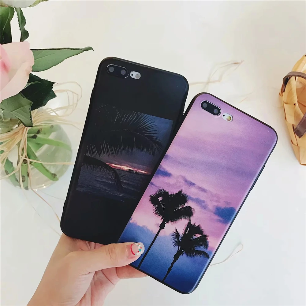 Красивый закат Фиолетовый облака чехол для iPhone 7 кокосовых пальм картина Soft