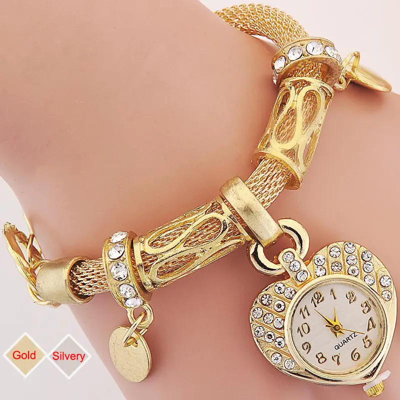 

Gold Silver Women Exquisite Heart Shape Watch Quartz Wrist Watches Alloy Bracelet Wristwatch Relogio Gift @17 TT@88