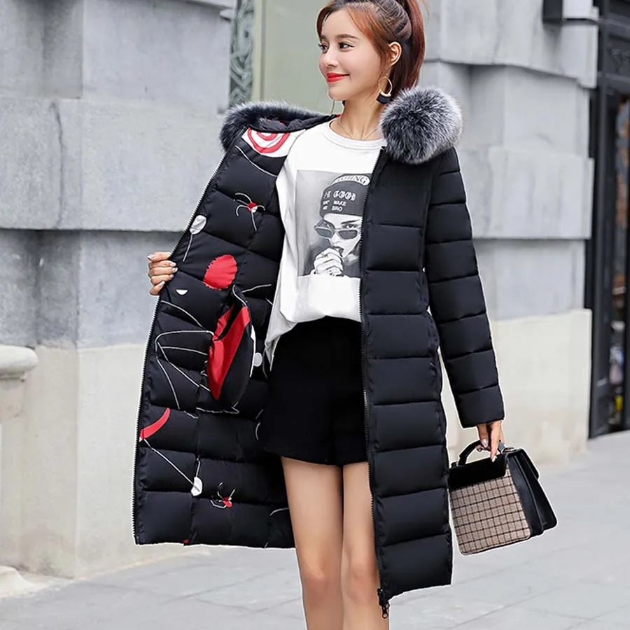 MANDADI winter clothes women fashion cotton padded winter coat women fur collar outerwear hooded print long jacket female
