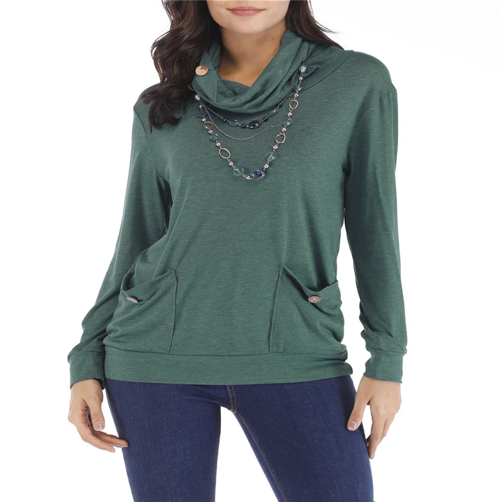 

Autumn And Winter New Long-Sleeved Pile Of Collar Sweater Women'S T-Shirt Pocket Button Turn Down Collar