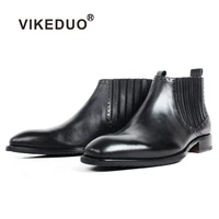 vikeduo handmade patina boots men black genuine calf leather mens ankle boots square toe tassel wedding office footwear botas