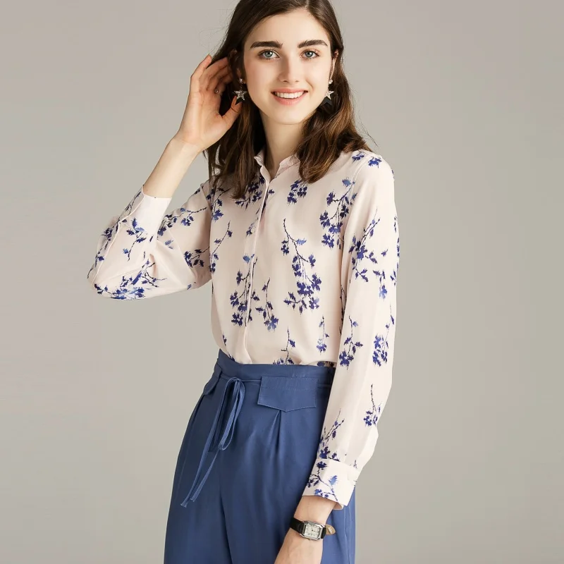 Женская шифоновая блузка с длинным рукавом офисная из 100% натурального шелка