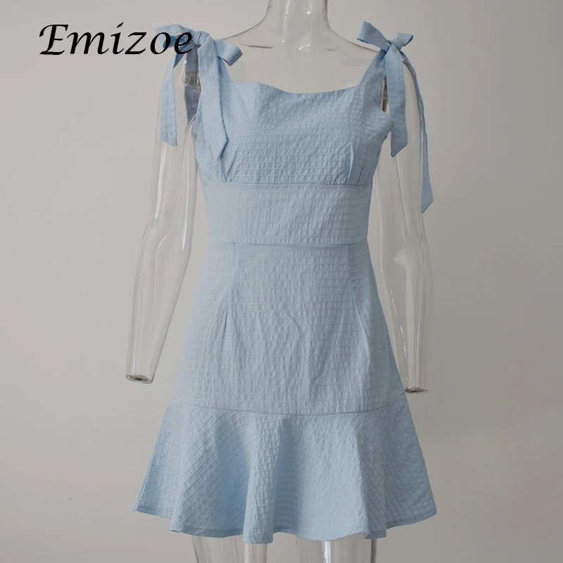 Emizoe 2018 Весна boho клетчатое платье женское облегающее гофрированное с бантом