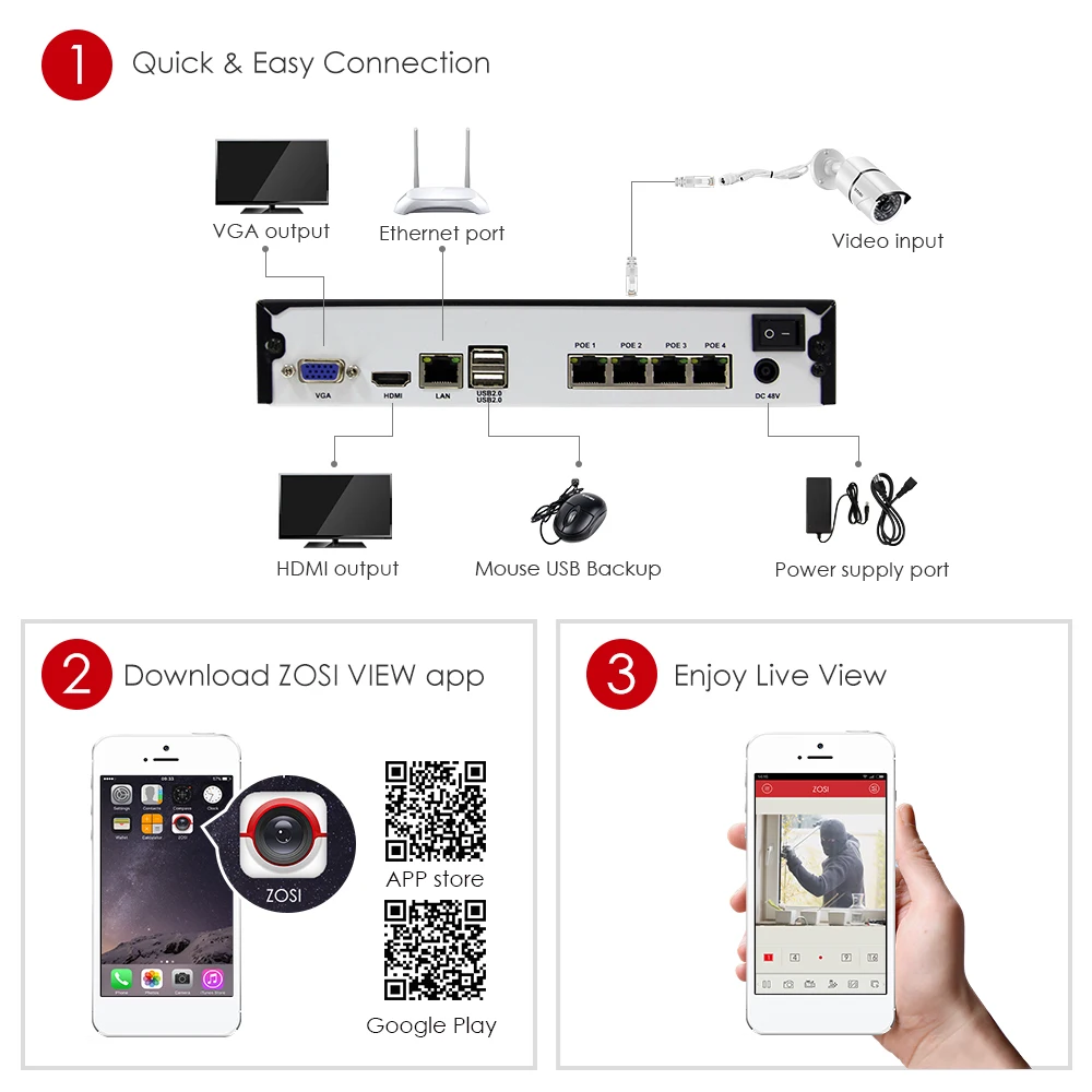 ZOSI CCTV 1080 P POE видеонаблюдения безопасности Системы комплект с 2-Megapixel Наружная цилиндрическая ip-камер с 100ft Ночное видение