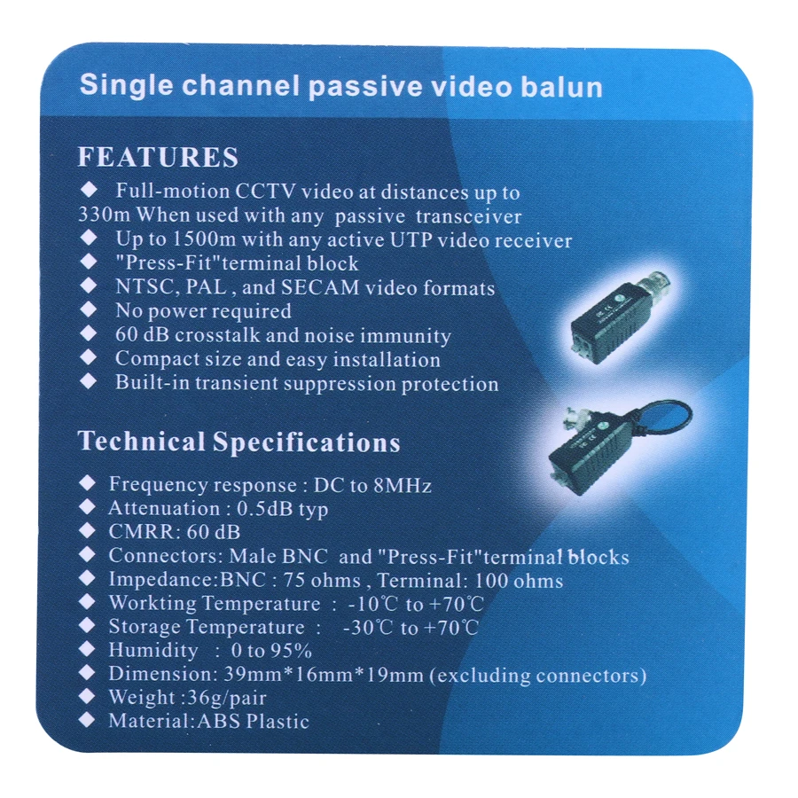 Hamrolte Transceiver Twisted Single Channel Passive Male Connector UTP Video Balun for AHD TVI CVI Analog Camera | Безопасность и