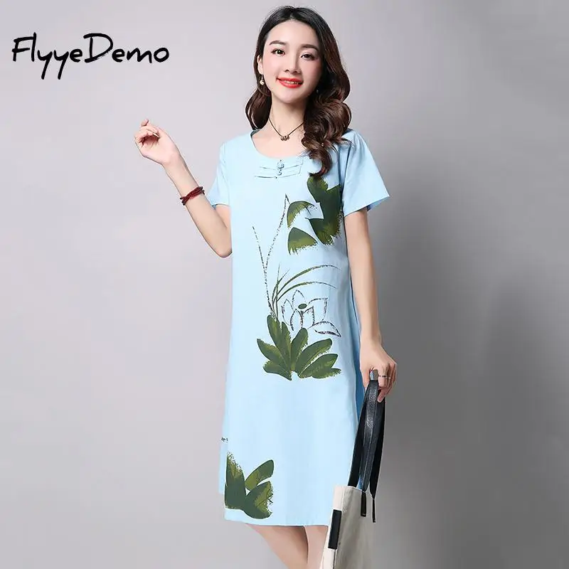 Women Casual Cotton Linen Dress Lotus Printing O-Neck Summer 2018 Vintage Short Sleeve Waist Bow Loose Dresses |