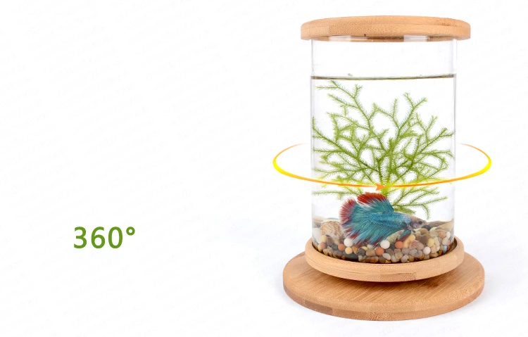 Бочонок Betta аквариум мини настольный аквапонный аквариум 360 Вращающаяся ультра-прозрачная стеклянная ваза-аквариум с нескользящей деревянной основой и крышкой