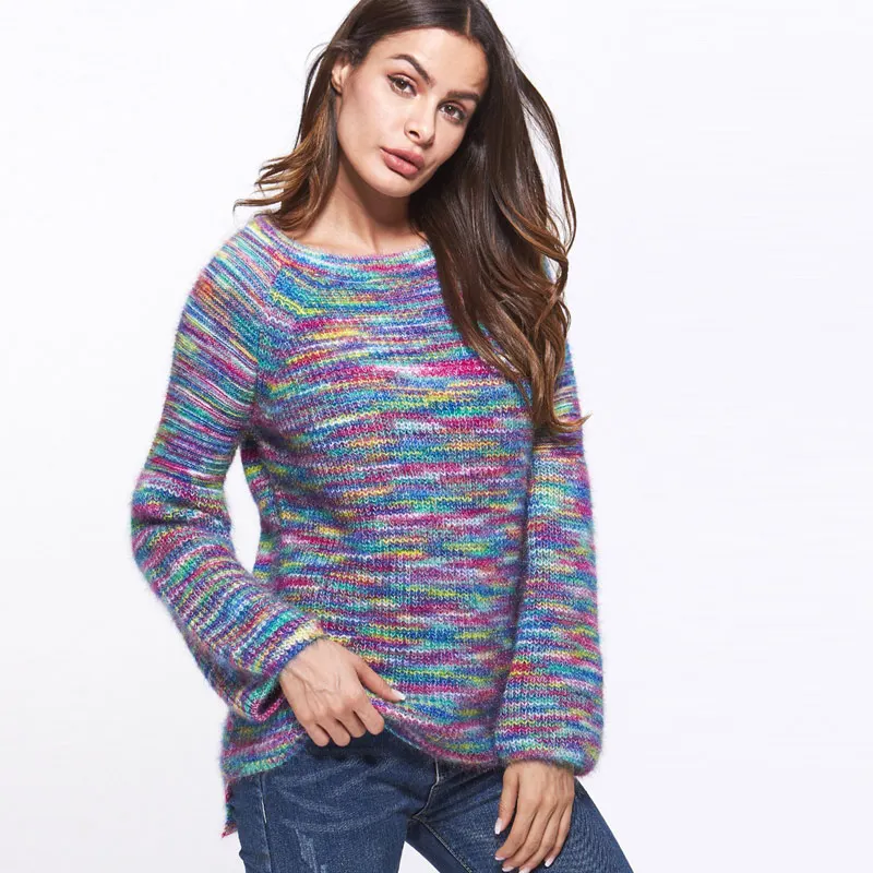 QIUXUAN Autumn Winter Women Sweater Multicolor Gradient O Neck Long Sleeve Pullover Female Warm Fashion | Женская одежда