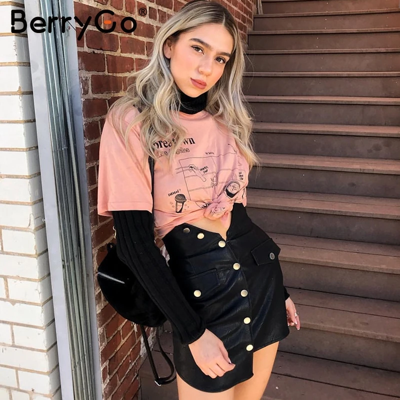 BerryGo PU кожаные пуговицы Женская юбка высокая Талия bodycon мини карандашные юбки