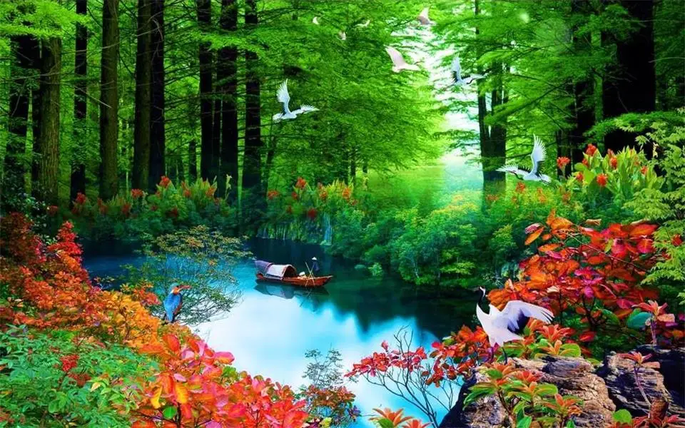 Пользовательские 3d фото обои Гостиная росписи пейзаж лес река картина Диван ТВ