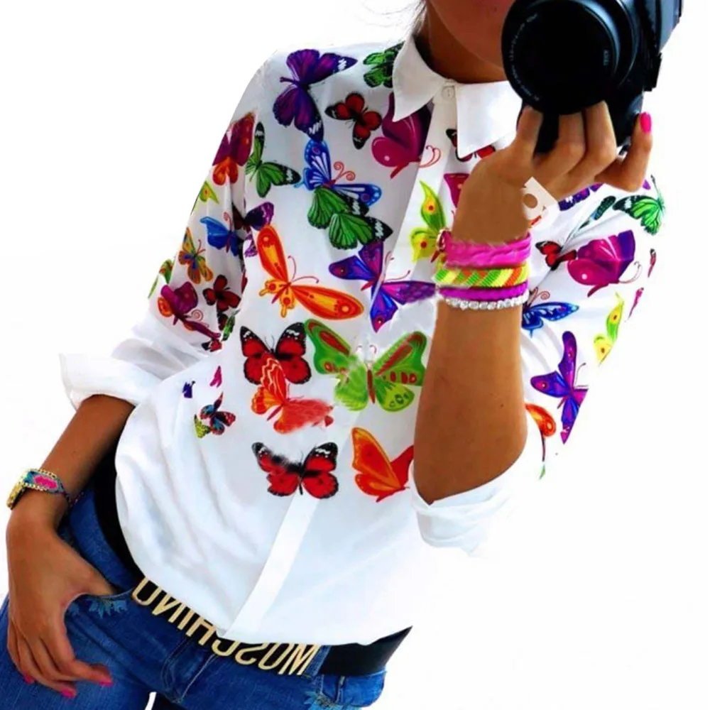 2016 женские блузки рубашки отложной воротник Цветочная блузка с длинным рукавом