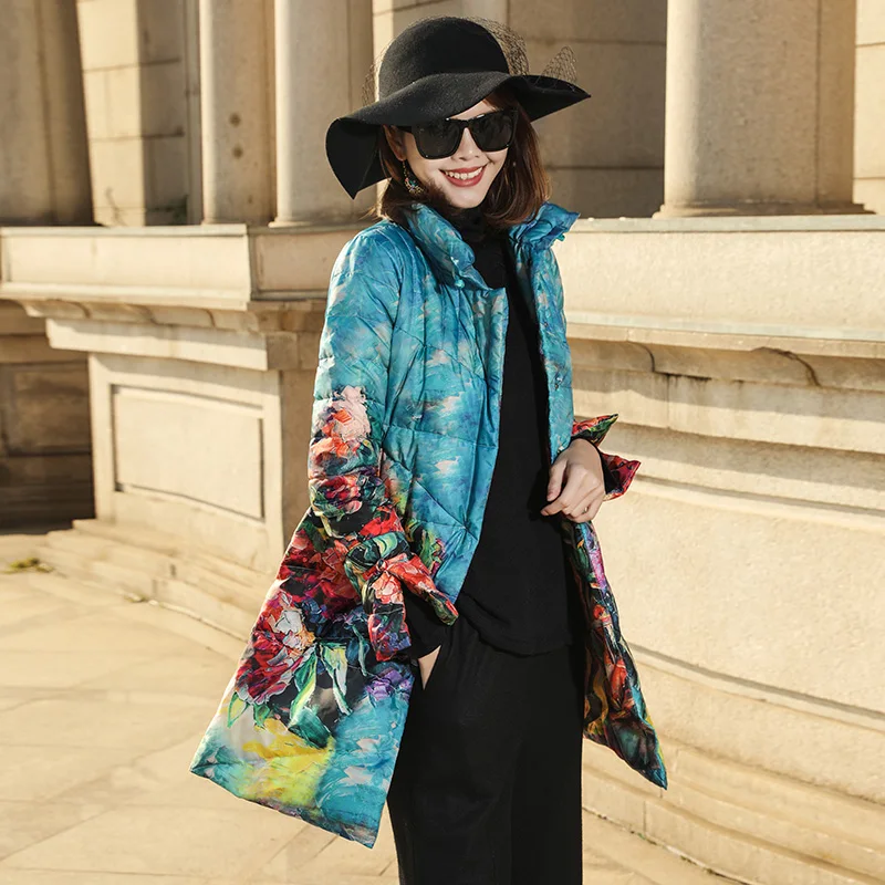 2020 Высокое качество Новый Зимний пуховик с принтом Женский Тонкий темперамент