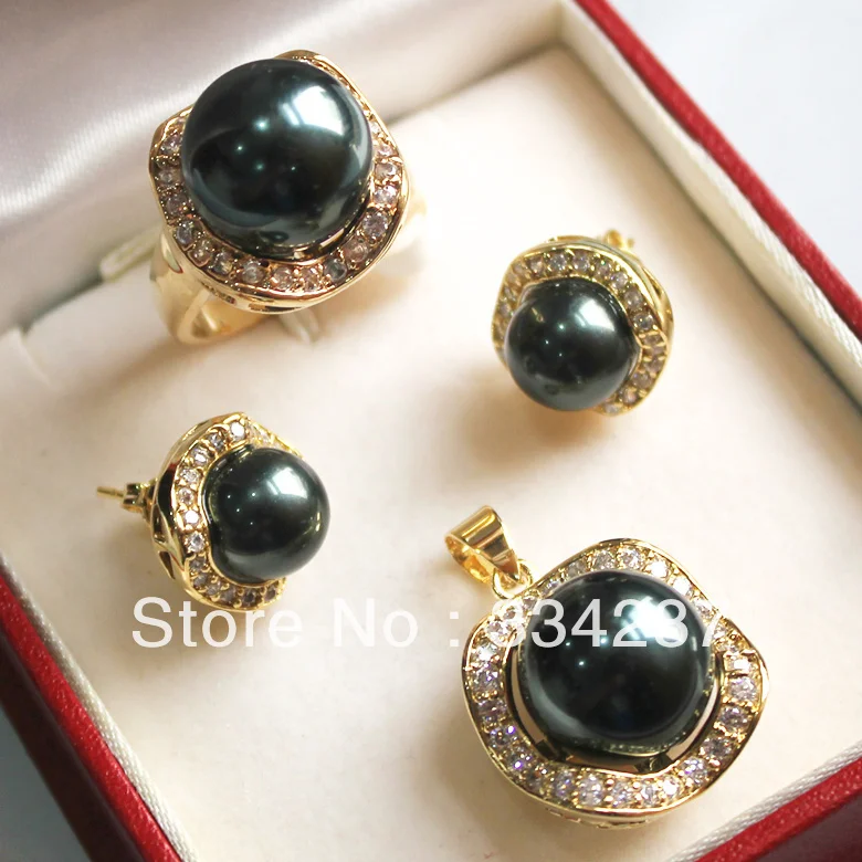 

Black South Sea Shell Pearl Ring Pendant Earring Jewelry Set