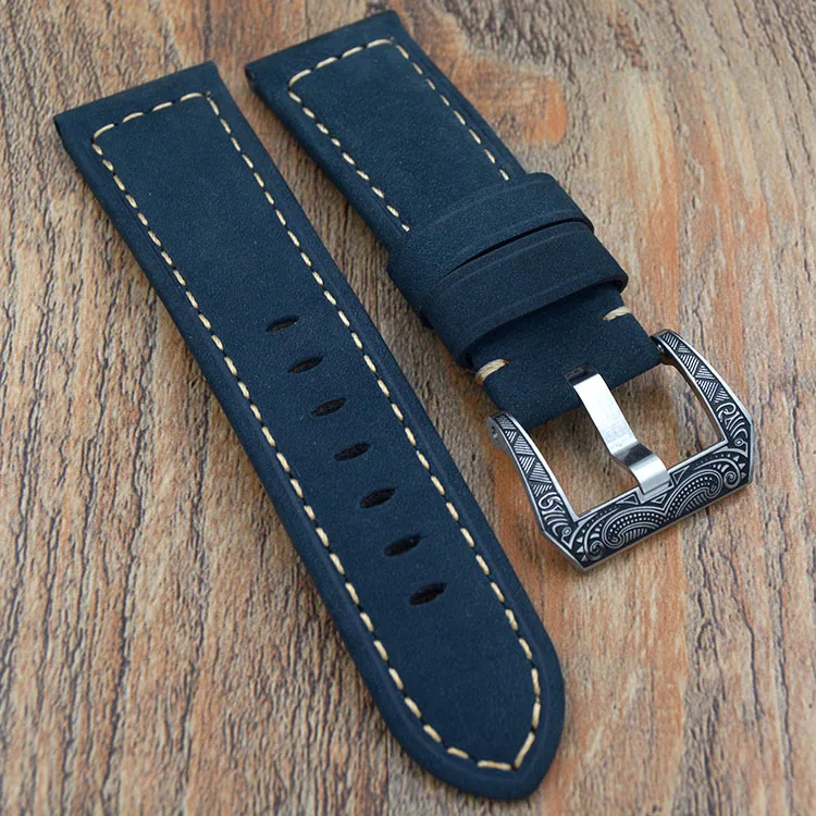 

Blue Handmade strap 24mm genuine leather strap With carved clasp Pin Buckle Wristwatch Band Accessories for Panerai