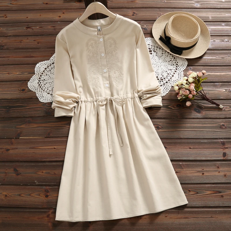 

2019 spring fashion Leisure cotton linen dress new long sleeve embroidered dress for women aa905