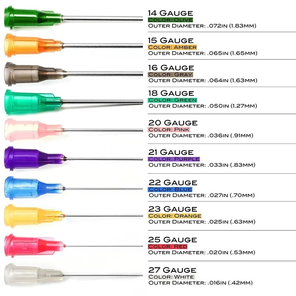 Шприц дозирующие иглы с Luer Lock 14 г, 15 г, 16 г, 18 г, 20 г, 21 г, 22 г, 23 г, 25 г, 27G с тупыми x 1 ''(1 дюйм Длина), 100 шт./пакет