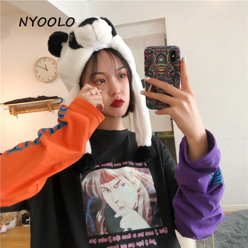 Футболка NYOOLO Harajuku с принтом аниме, 2 штуки, Лоскутная футболка, Повседневная Уличная футболка с длинным рукавом, женская одежда, топы, футболки
